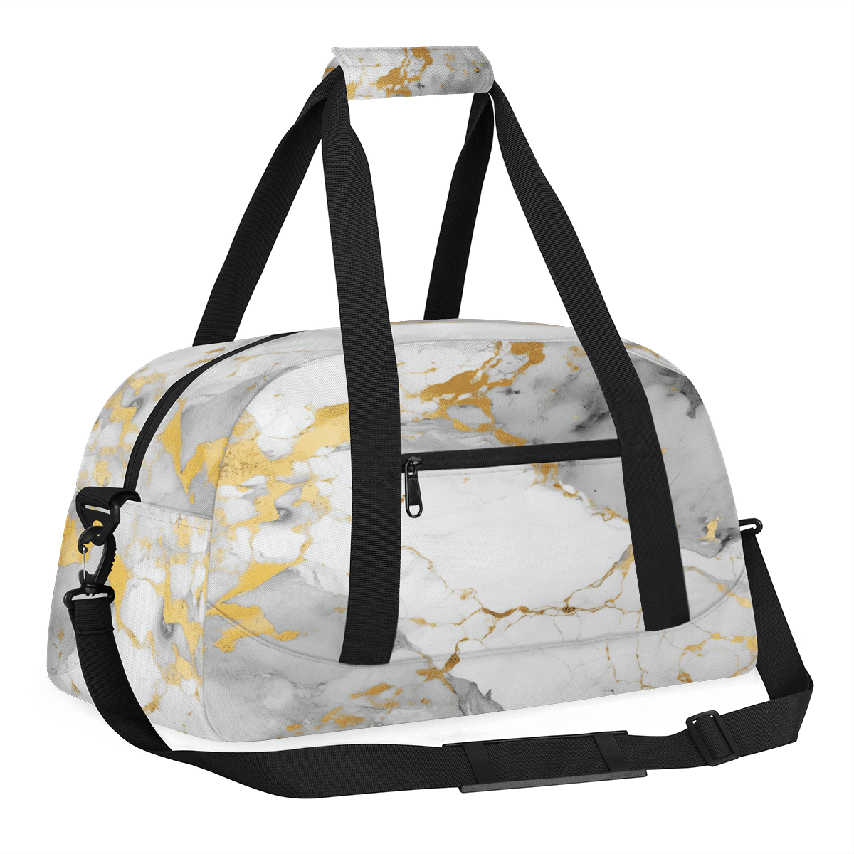 Herdesigns Grey White Gold Marble Sports Duffle Bag for Women & Men, Modern Abstract Gym Bag Dance Bag Overnight Bag Carry On Weekender Travel Bag