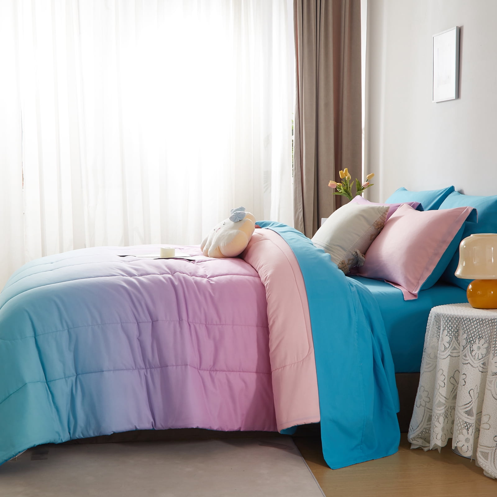Davulos Girls Comforter Set Twin Size 5 Pieces Bed in a Bag,Rainbow Ombre Bedding Collections Microfiber Comforter Set with Sheet for Teen Women