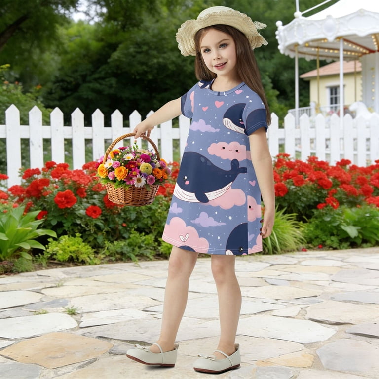 BZSMCE Short Sleeve dress Dress Casual Cotton Dresses-Blue Whale Pattern Of Pattern