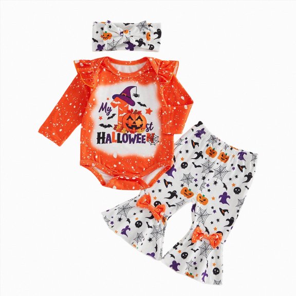 Wonitaaizi Newborn Baby Girl Halloween Outfit Pumpkin Romper Long Pants Headband 3 Piece Fall Clothes(9-12 Months,Orange)
