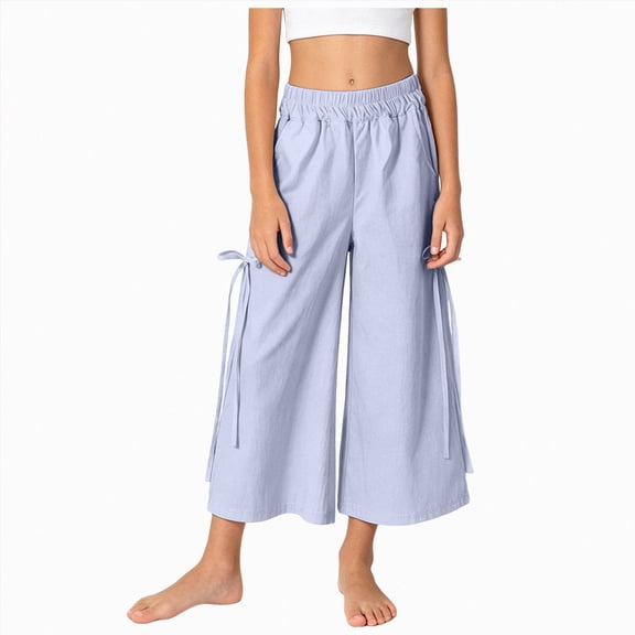 Gubotare Kids Linen Pants Cotton Linen Pants for Girls Summer Lightweight Drawstring Elastic Waist Gauze Pant Casual Straight Leg Slacks Size 7-8 (Light Blue,7-8 Years)