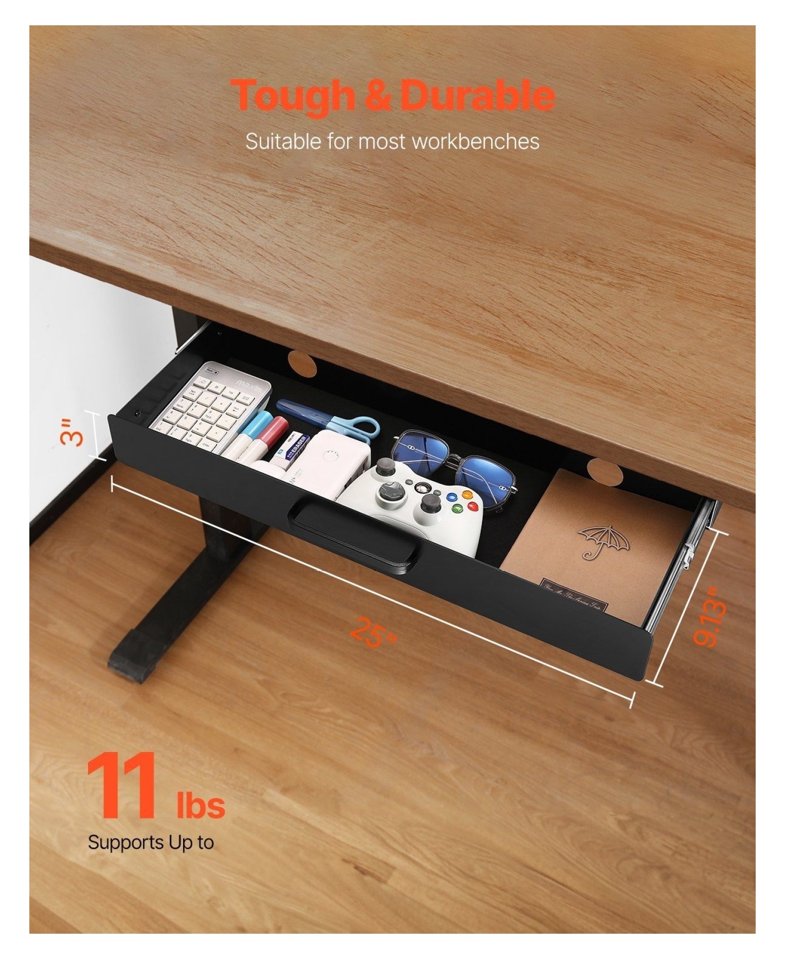 Under Desk Drawer Organizer - 22 inch Slide Out Storage, Home Office Drawer, 11lbs Capacity, Metal Desk Organizer with Cable Management