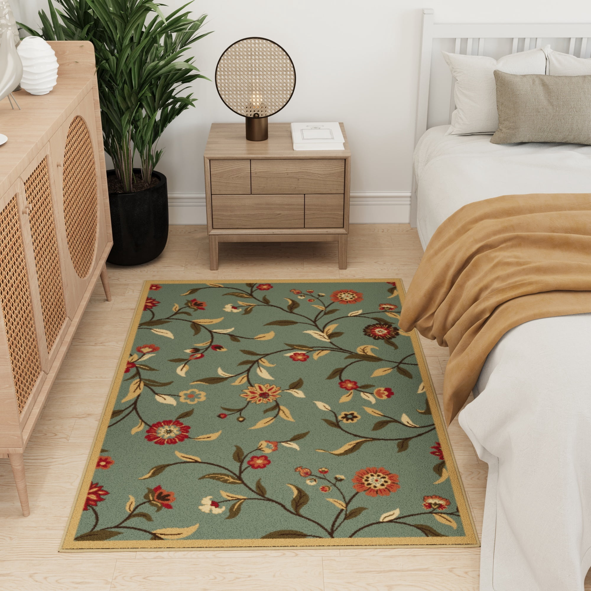 Ottomanson Floral Area Rug 3'3" x 4'7" - Non Slip Low Pile Carpet, Seafoam Green
