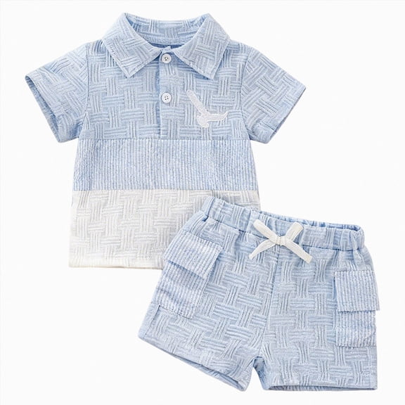 KPOPLK Clothes for Toddler Baby Boys Summer Short Sleeve Polo Shirts Set 2-piece Striped Outfits 9 Month-5T(18-24 Months,Light Blue)