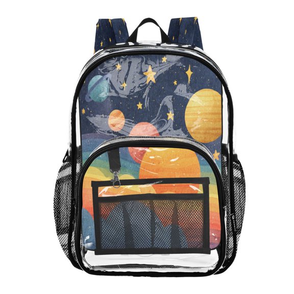 Clear PVC Backpack 12L Transparent Shoulder Bag with Mesh Pockets Whimsical Space Cute Art