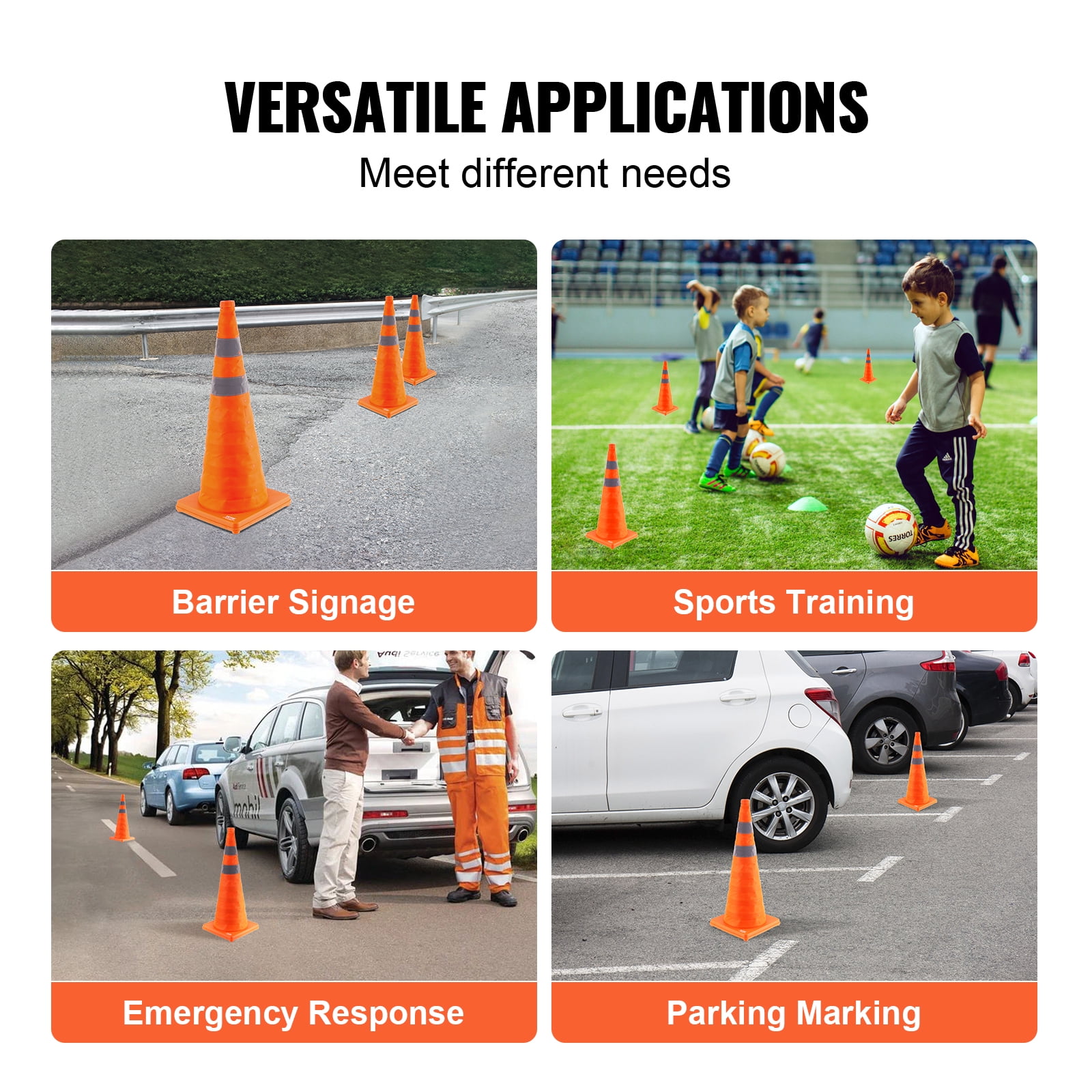 KFFKFF Safety Cones 4 pcs 28" Collapsible Traffic Cones with Reflective Collars for Parking Lot, Road Parking, Driving Practice, Roadside Emergency and Vehicle Safety, Orange, 4 Pack