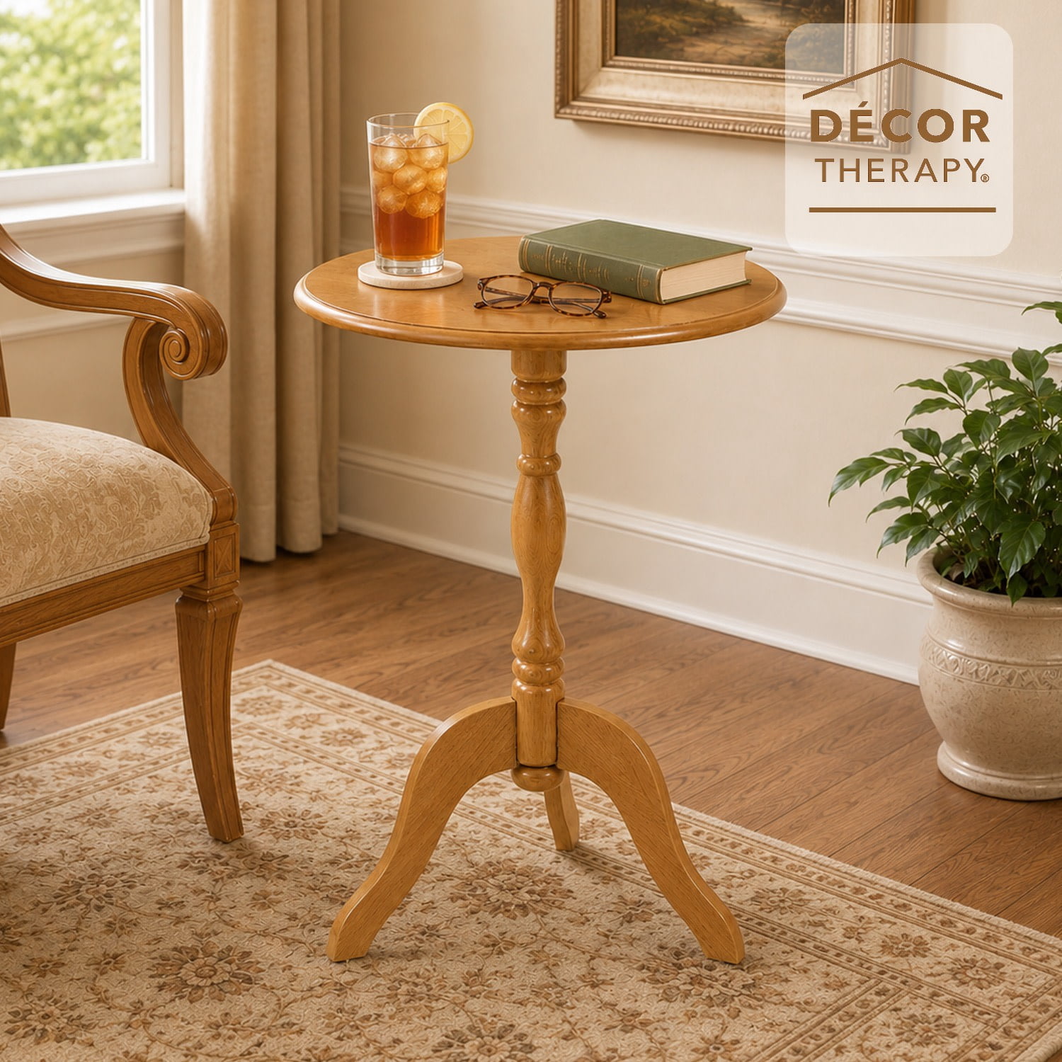 Decor Therapy Warwick Round Accent Table - 3 Leg Pedestal Side Table for Living Room, Bedroom, Entryway - Traditional Bistro Drink Table, Medium Wood