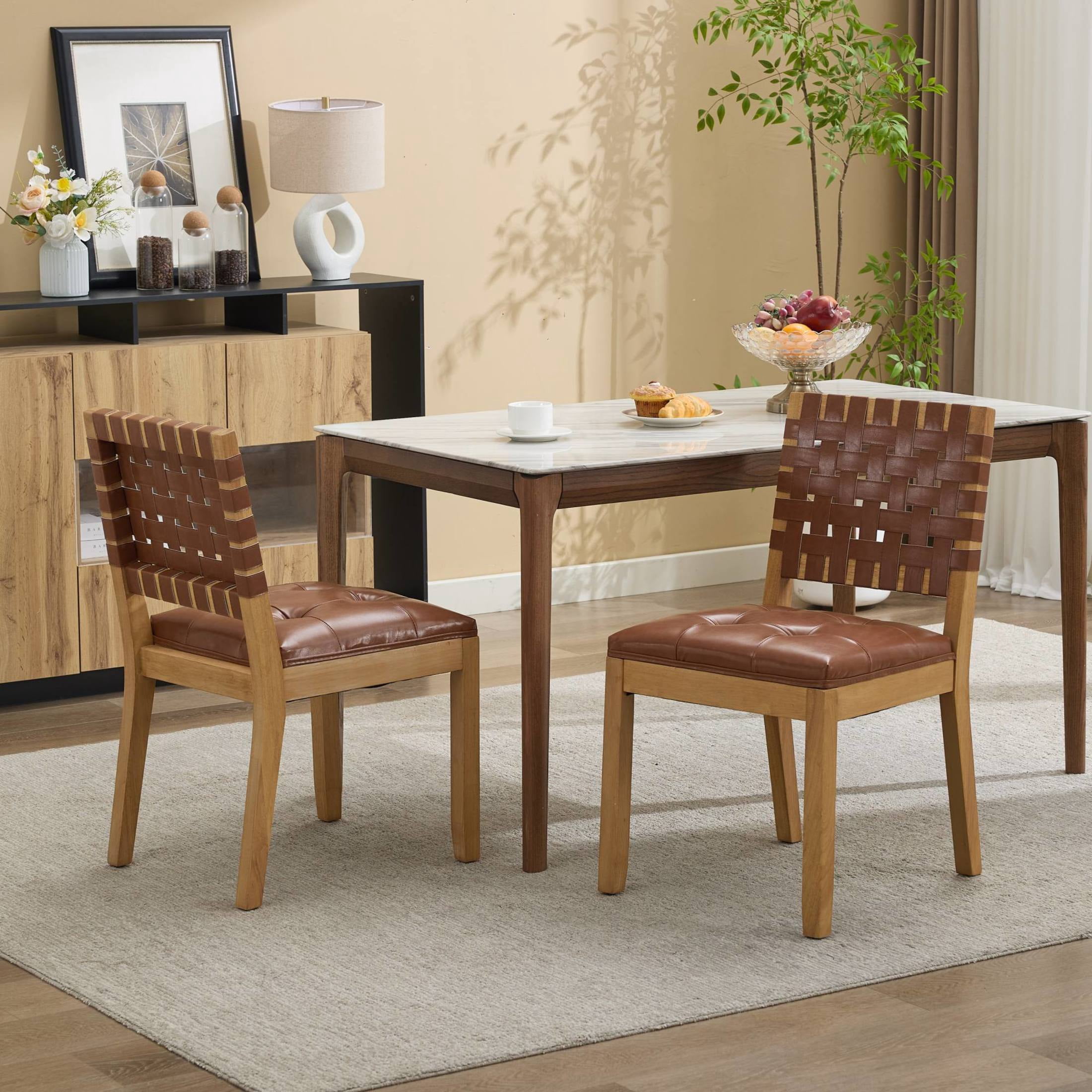 GDF Studio 22" Dining Chairs Set of 2 with Woven PU Leather Back & Button-Tufted Seat, Brown