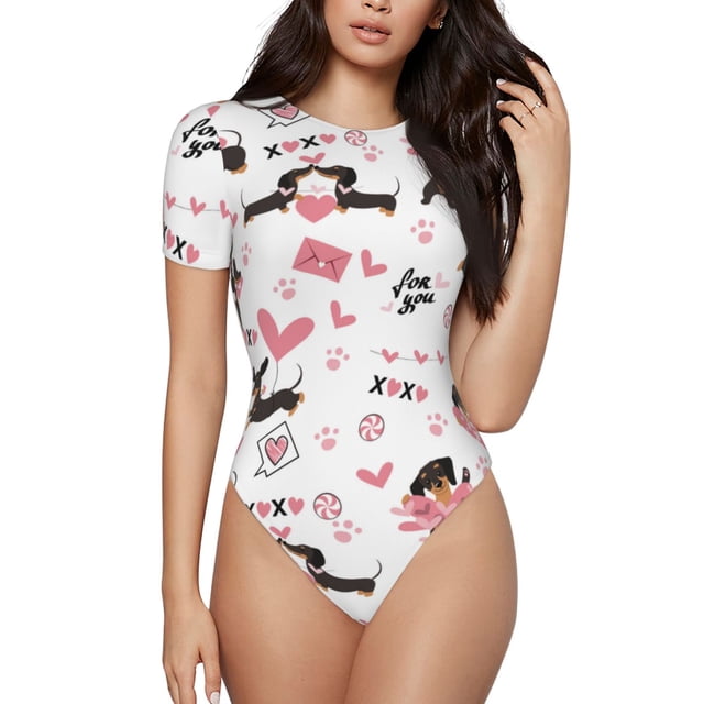 Saiise Justaucorps à Manches Courtes pour Femmes Motif Chiot Teckel Col Rond Pyjama Extensible avec Fermeture à Pression-Grand