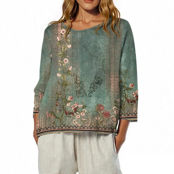 EchfiProm Shirts for Women Green 3/4 Sleeve Pullover Loose Fit Casual Cotton Linen Crew Neck Floral Shirts
