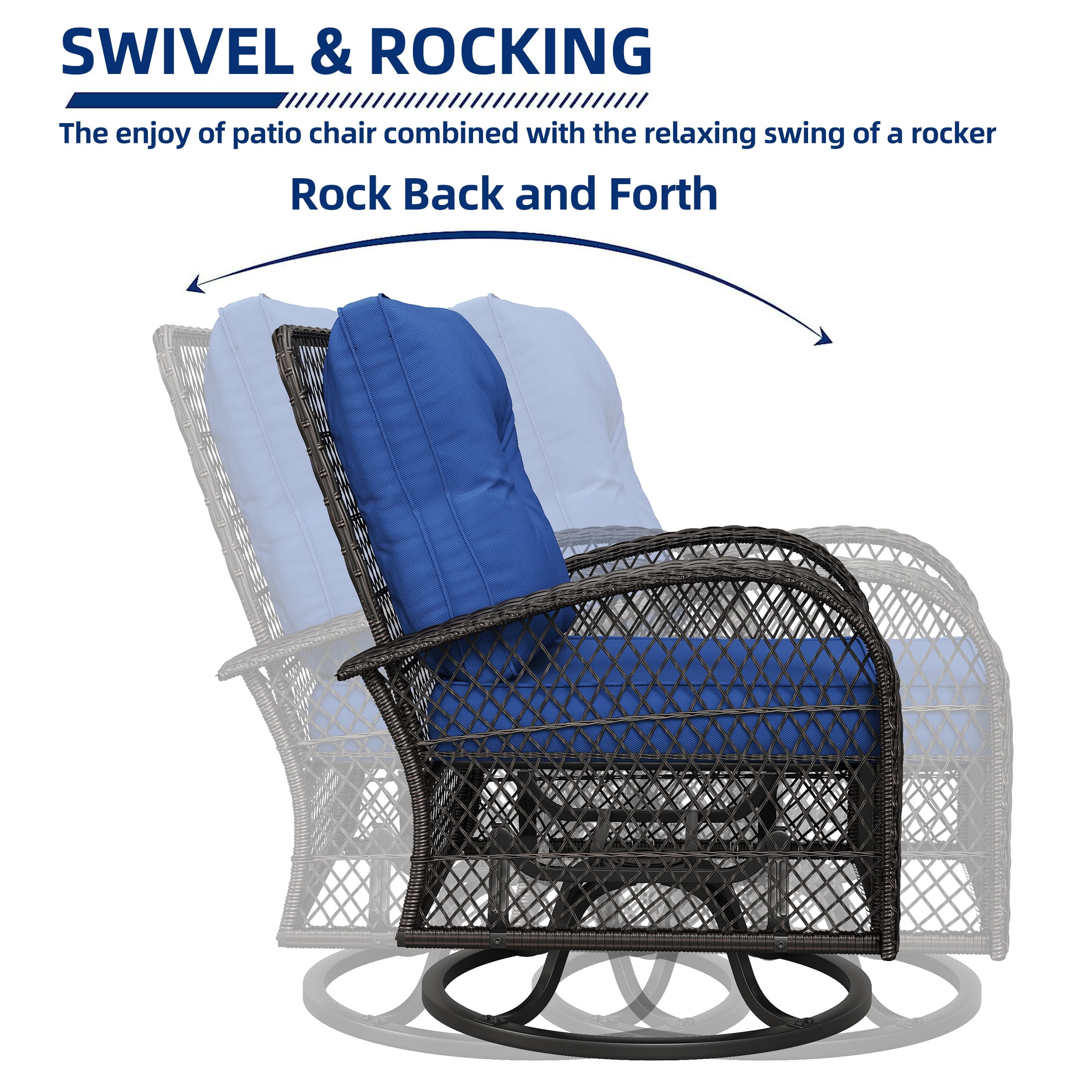 Techmilly 3 Pieces Patio Furniture Set, Outdoor Swivel Gliders Rocker, Wicker Patio Bistro Set with Rattan Rocking Chair for Porch Deck Backya (Navy Blue)
