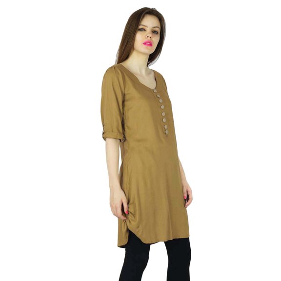 Phagun Designer Indian Kurta Casual Women Brown Solid Kurti Rayon Top Tunic Dress