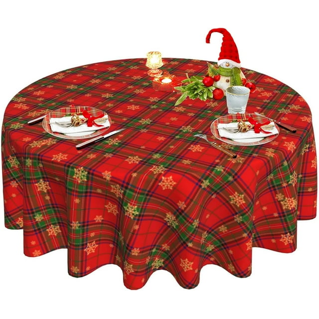 Christmas Round Tablecloth 60 Inch, Winter Snowflake Red Green Plaid Table Cloth for Xmas Rustic Farmhouse Kitchen Decor, Wipeable Polyester Fabric Table Cover for Holiday Party