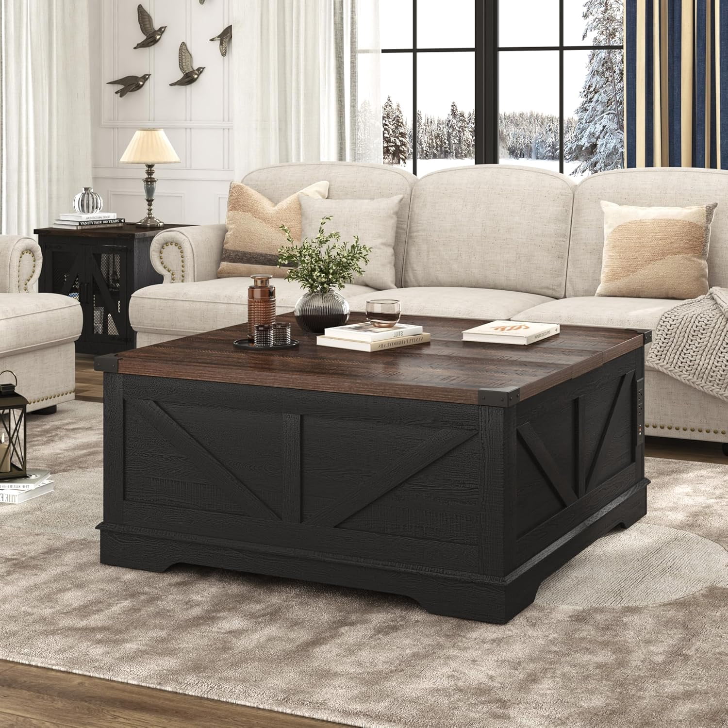 ChVans 40" Large Farmhouse Lift Top Coffee Table with Power Outlets, Square Wood Living Room Table with Large Hidden Storage, Multi-Function Lift Wooden Barn Door Center Table, Rustic Black