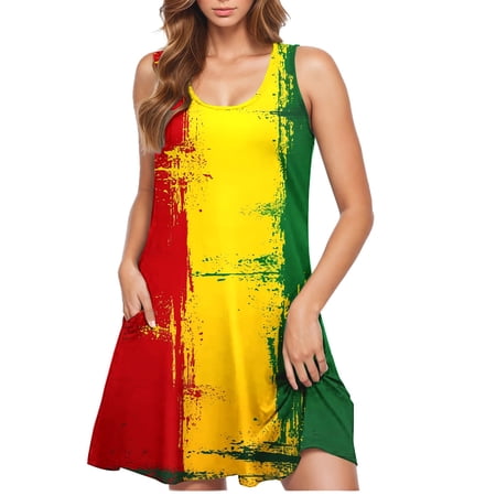 BLTIBY 2025 Womens Summer Dress Independence Day Printed U Neck Sleeveless Casual Loose Dresses with Pockets Multicolor L