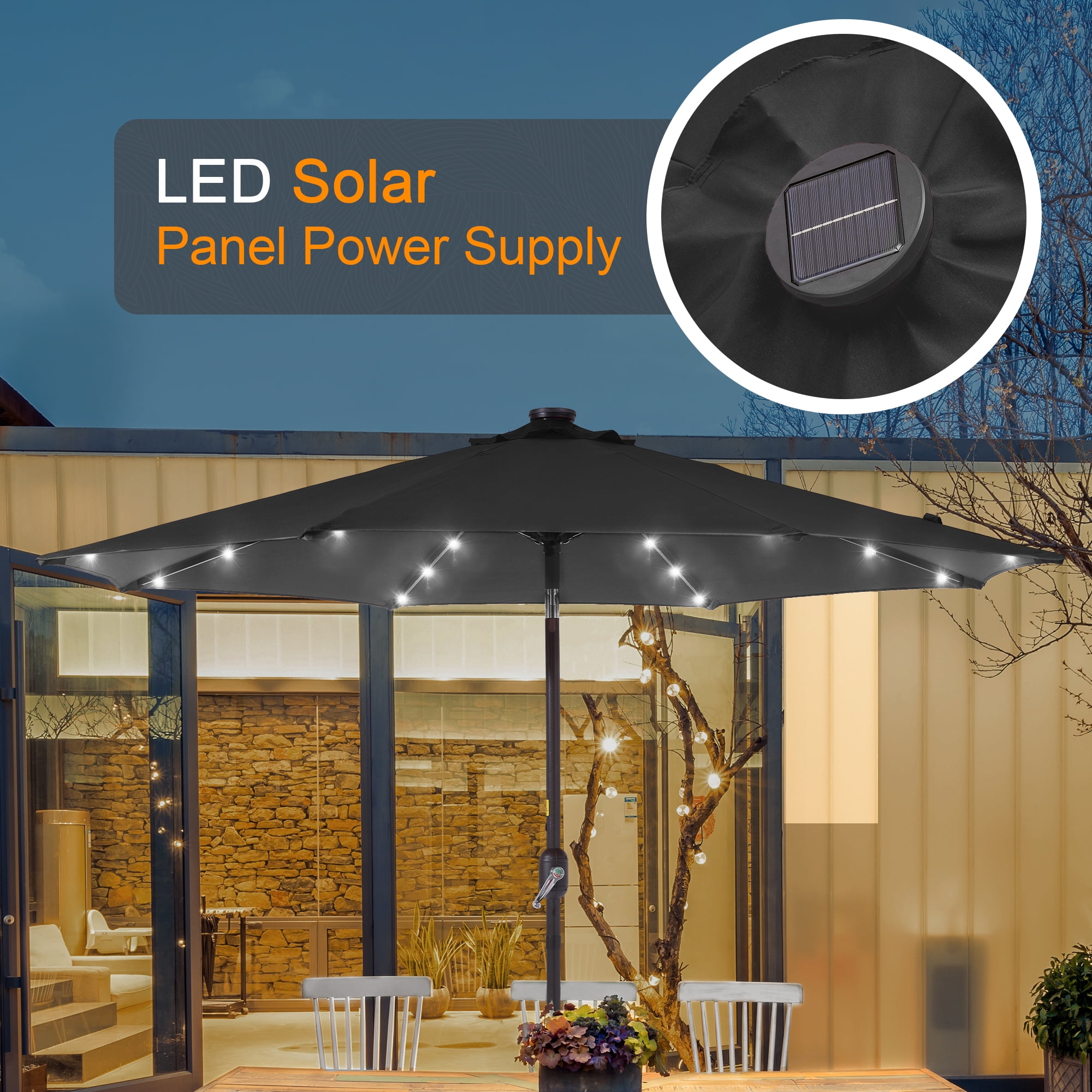 ACEGOSES 9ft LED Outdoor Patio Deck Solar Light Umbrellas w/ Tilt,Crank and 8 Ribs,Black