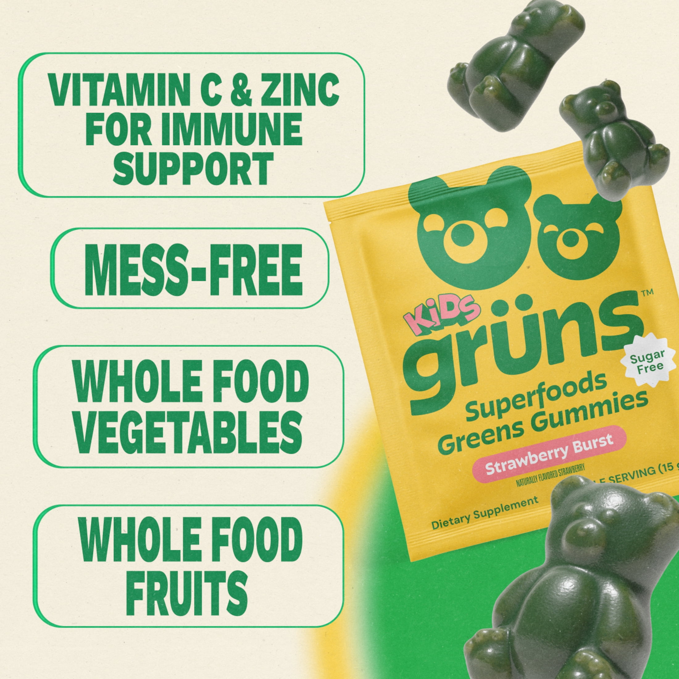 Gruns Kids Sugar Free Superfood Greens Multivitamin Gummies for Ages 2+, 12 Count