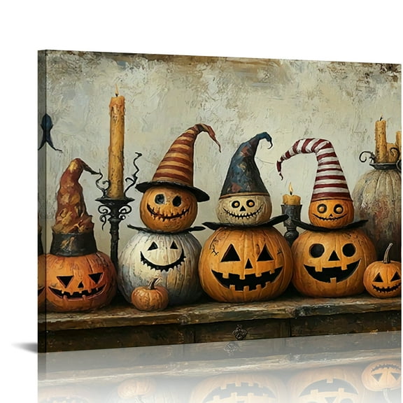 Vintage Halloween Pumpkin Dwarf Canvas Wall Art Painting ，Gothic Print Pictures for Home Wall Decor Retro Horror Creepy Dark Posters for Living Room Bedroom Bar Home Halloween Party Decor Framed