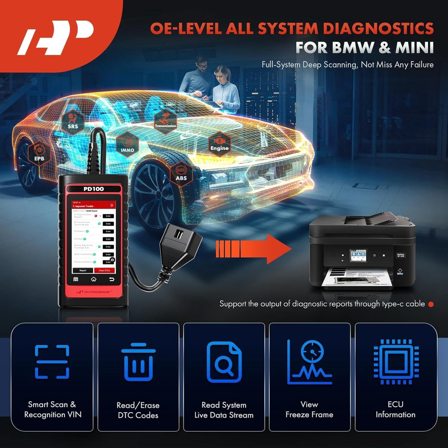 A-Premium 2024 PD100B for BMW/Mini Full System OBD2 Scanner Diagnostic Tool, Bi-Directional Code Read Scan Tool, Full Reset (BMS/ABS/Oil/SAS/EPB), Battery Registration Tool, Live Data, Android 6.0