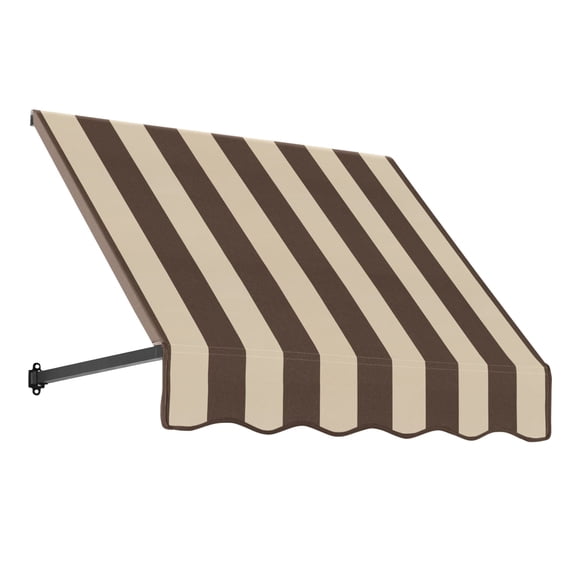 Awntech 3.38 Ft Dallas Retro Straight Slope Fixed Awning with Anodized Arms (40.5in x 18in x 24in), Brown/Tan Stripe