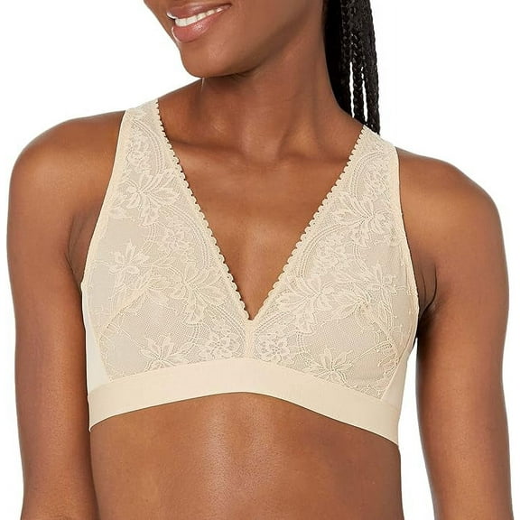 Bali Women's Comfort Revolution Plunge Lace Wirefree Beige Bralette | Womens Size Medium | Racerback | Wirefree