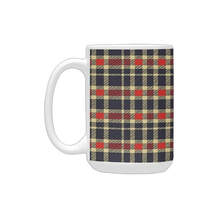 

Retro Geometric Plaid Traditional Tartan Pattern Striped Checkered Vintage Design Dark Blue Red Crea Ceramic Mug (15 OZ) (Made In USA)