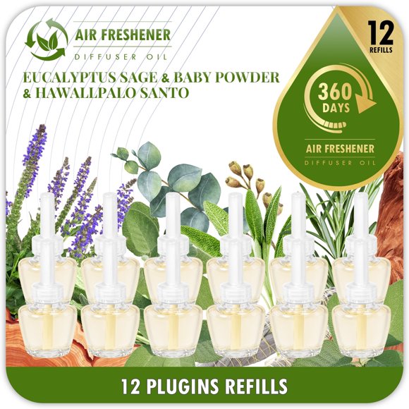 Recharges de Désodorisant à Brancher, 12 Recharges Parfum Longue Durée pour la Maison, Palo Santo, Eucalyptus et Sauge, Huile Essentielle Parfumée Baby Powde, Compatible avec Glade, Air Wick