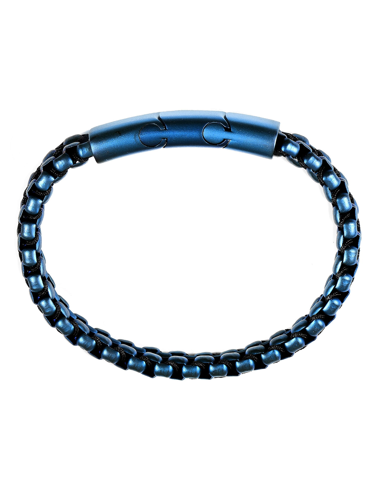 Crucible Jewelry Men's Matte Finish Double Row Box Chain Blue Plated Steel Bracelet (11mm) - 7.75" + 0.5" Ext