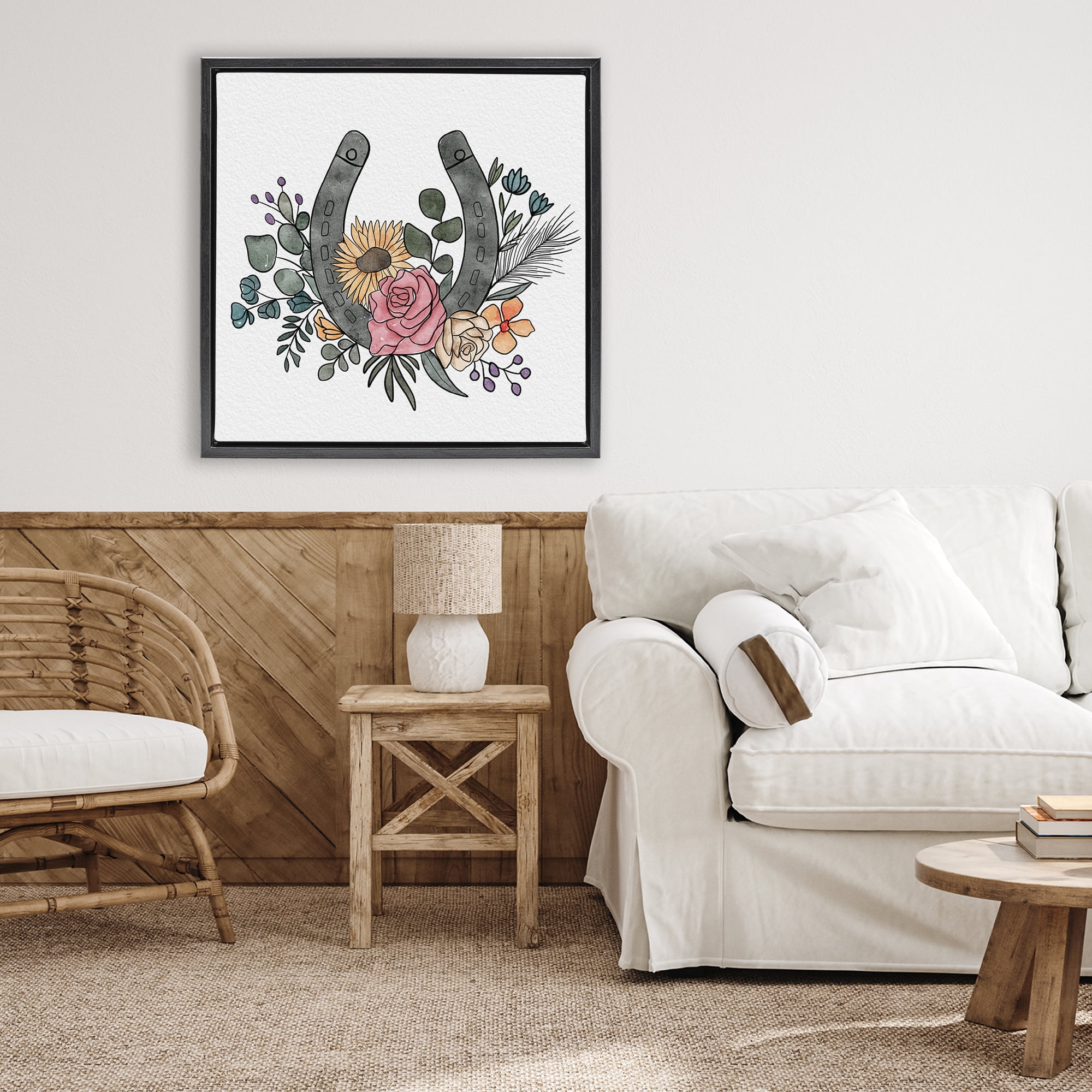 Stupell Industries Boho Floral Horseshoe Black Framed Floater Canvas Wall Art, design by Alisha Kiara Design