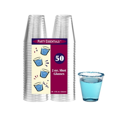 Party Essentials Hard Plastic 2-Ounce Clear Shot Glasses, 50-Count Multi-Colored