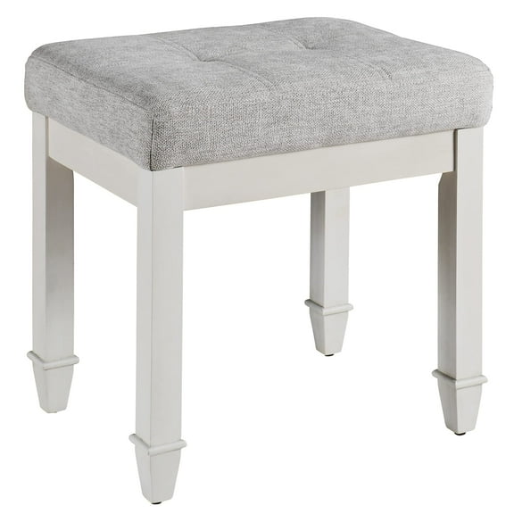 JESONVID Solid Wood Upholstered Vanity Bench, Small Vintage Ottoman Fabric Tufted Foot Stool with Padded Cushion Seat Carved Footrest Rustic Legs for Bedroom Living Room Light Grey 2405LG