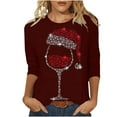 thumbnail image 1 of Timegard Hauts à Manches 3/4 pour Femmes, Col Rond de Noël, Hauts Confortables, Habillés et Décontractés, Imprimé Verre de Vin Rouge, 1 of 4