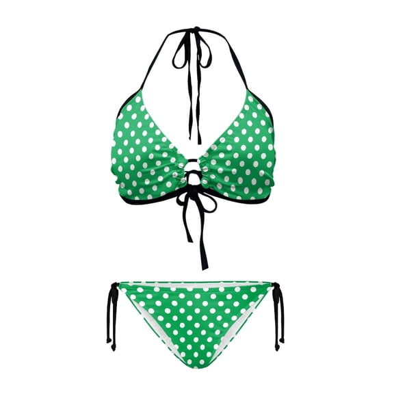 Uourmeti Green White Polka Dot Halter Triangle Bikini Set - Sexy Tie Side Two Piece Swimsuit for Beach Vacation & Pool Party