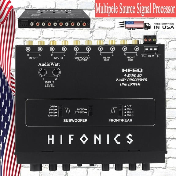 HIFONICS HFEQ 4-BAND EQ 9V 1/2 DIN LINE-DRIVER MULTIPLE SOURCE SIGNAL PROCESSOR Bundle