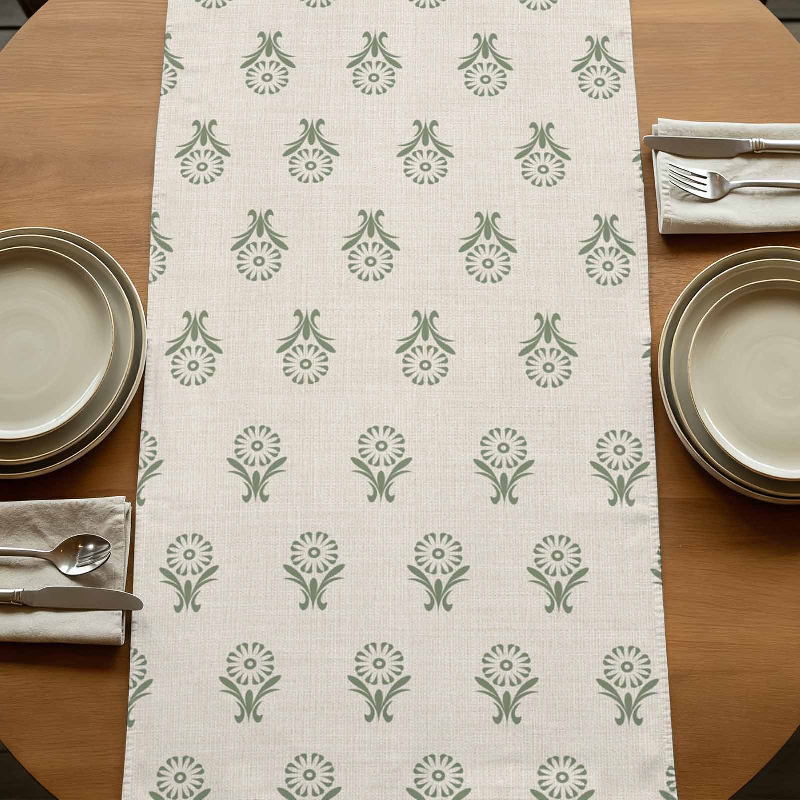 Bohemia Burlap Cotton Table Runner 13x120 Inches Long, Green Flowers Abstract Boho Beige Farmhouse Table Runners, Outdoor Dining Tablecloths Decor for Baby Shower/Party/Wedding