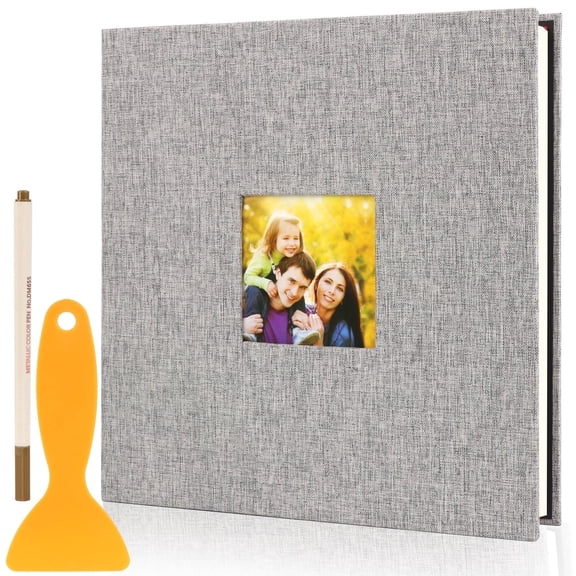 Photo Album Self Adhesive, 11x10.6" DIY Scrapbook Album with Scraper and Metallic Pen, Grey Linen Cover with Picture Display Window, 40 Pages Photo Albums for 4x6 5x7 8x10 Pictures for Gift