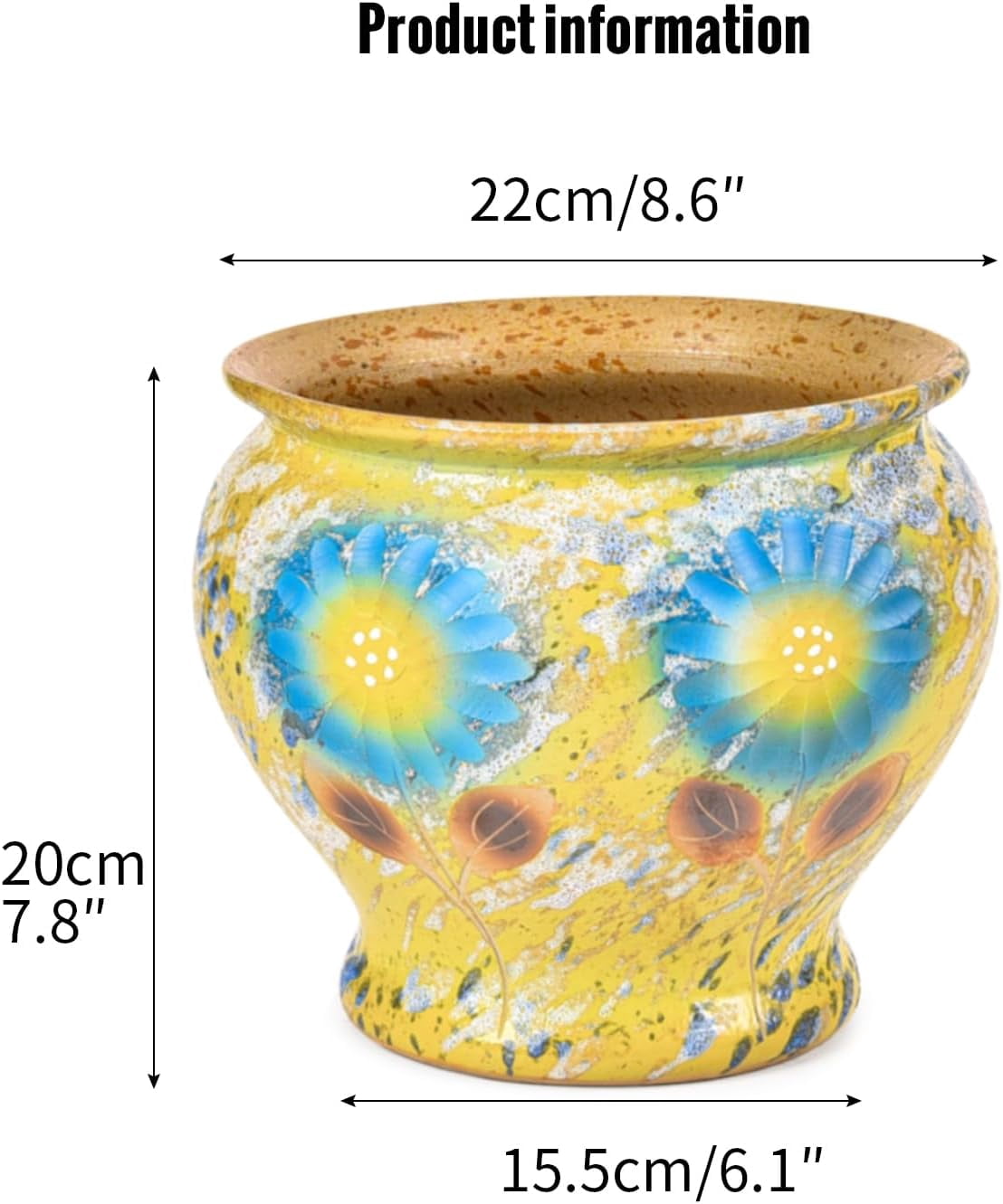 Sungmor Ceramic Round Flower Pot, Gold with Floral Pattern and Drainage Holes