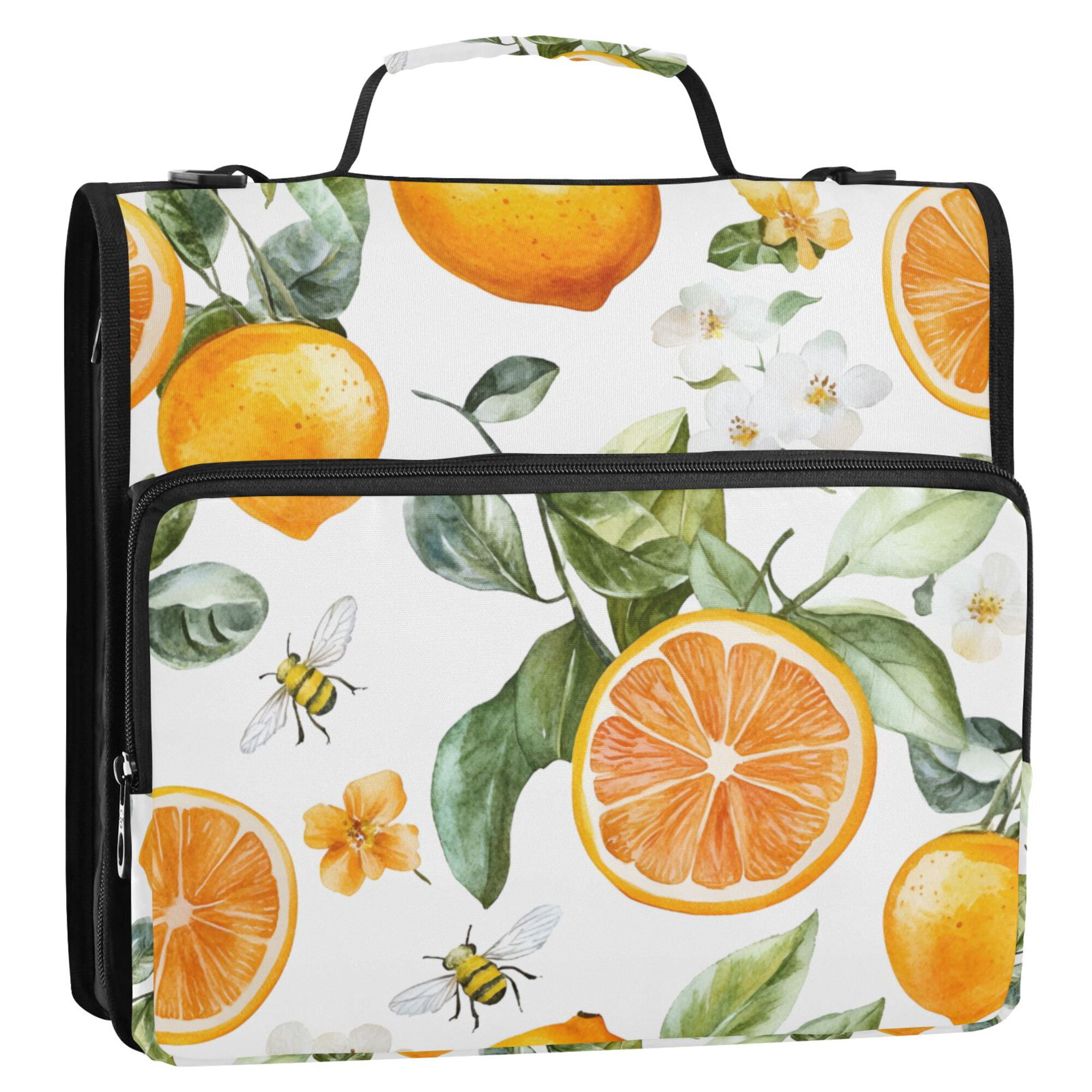 FORMRS Zipper Binder with Shoulder Strap 2-inch Ring 500 Sheet Capacity File Bag, Orange Watercolor Bees