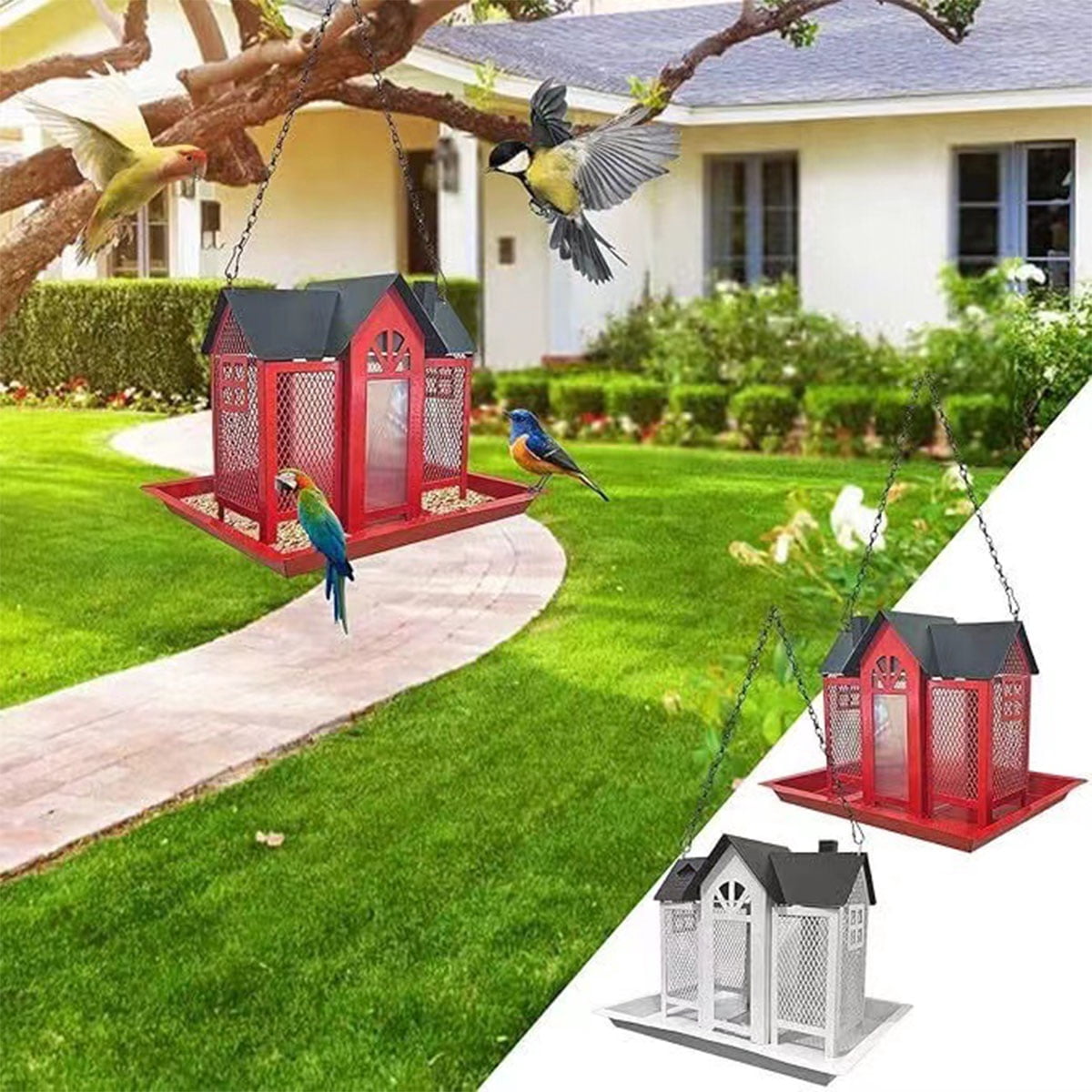 Hanging Bird Feeders for Outside, Bird Houses for Outdoor, Metal Mesh Wild Bird Feeder for Finch Cardinal Chickadee, Yard Decoration, Weatherproof and Durable White