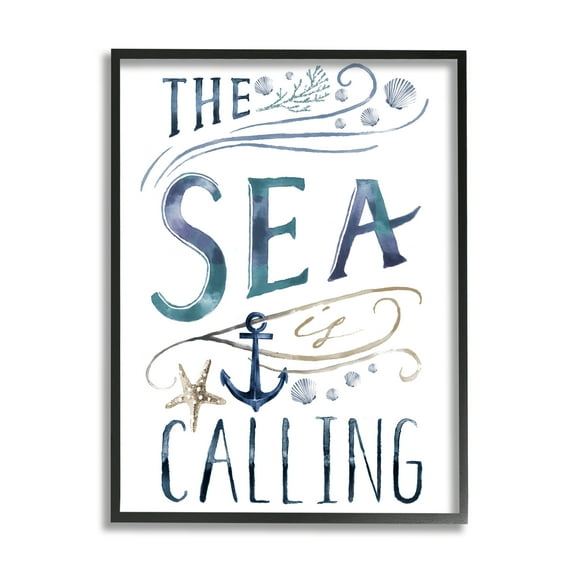 Stupell Industries The Sea is Calling Nautical Sentiment Navy Anchor Nature Painting Black Framed Art Print Wall Art, 16 x 20
