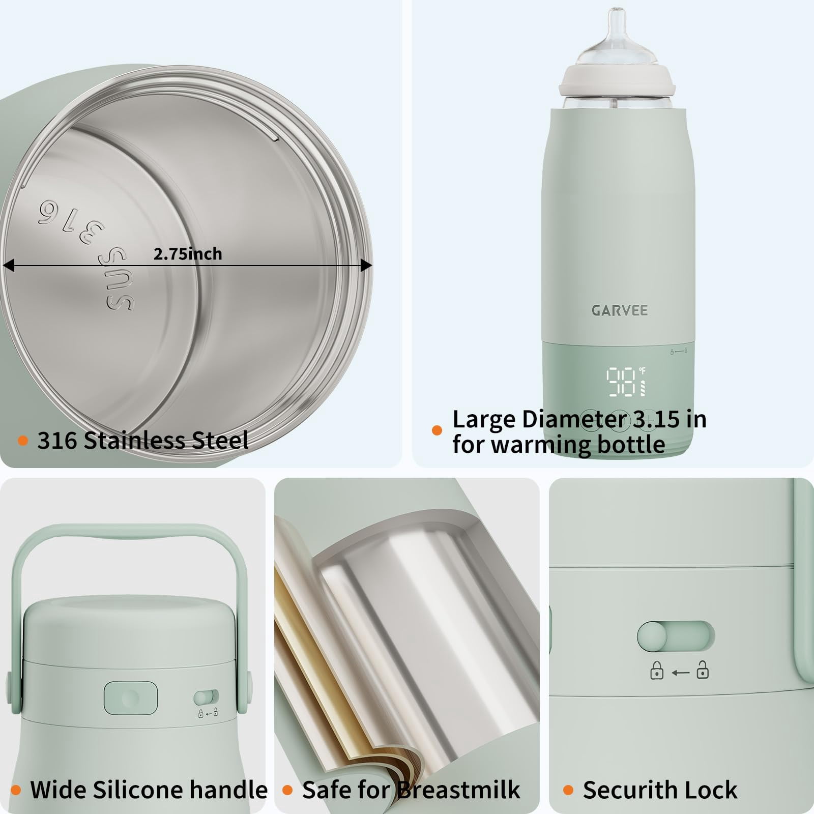 Portable Bottle Warmer for Travel, Baby Milk Warmer with LED Display, 1℉ Precise Adjust, Dishwasher Safe, USB-C Rechargeable, 17oz, 316 Stainless Steel, Thaw, Keep Warm, for Breastmilk Formula