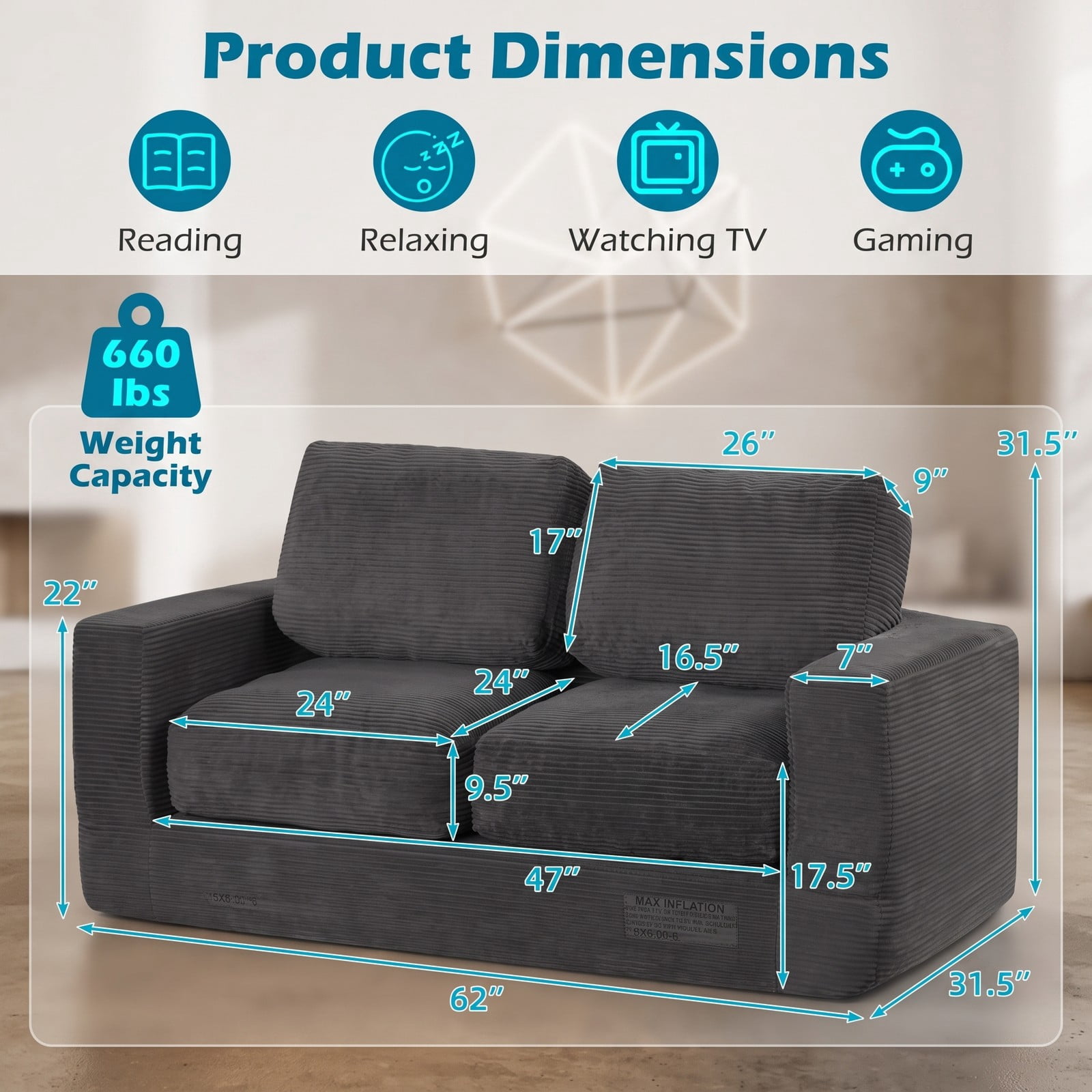Furnibear 2-Seater Floor Couch Loveseat, Convertible Foam Sofa Lazy Couch with Removable Corduroy Cover, High-Density Sponge Filled Sofa Bed for Living Room, Black