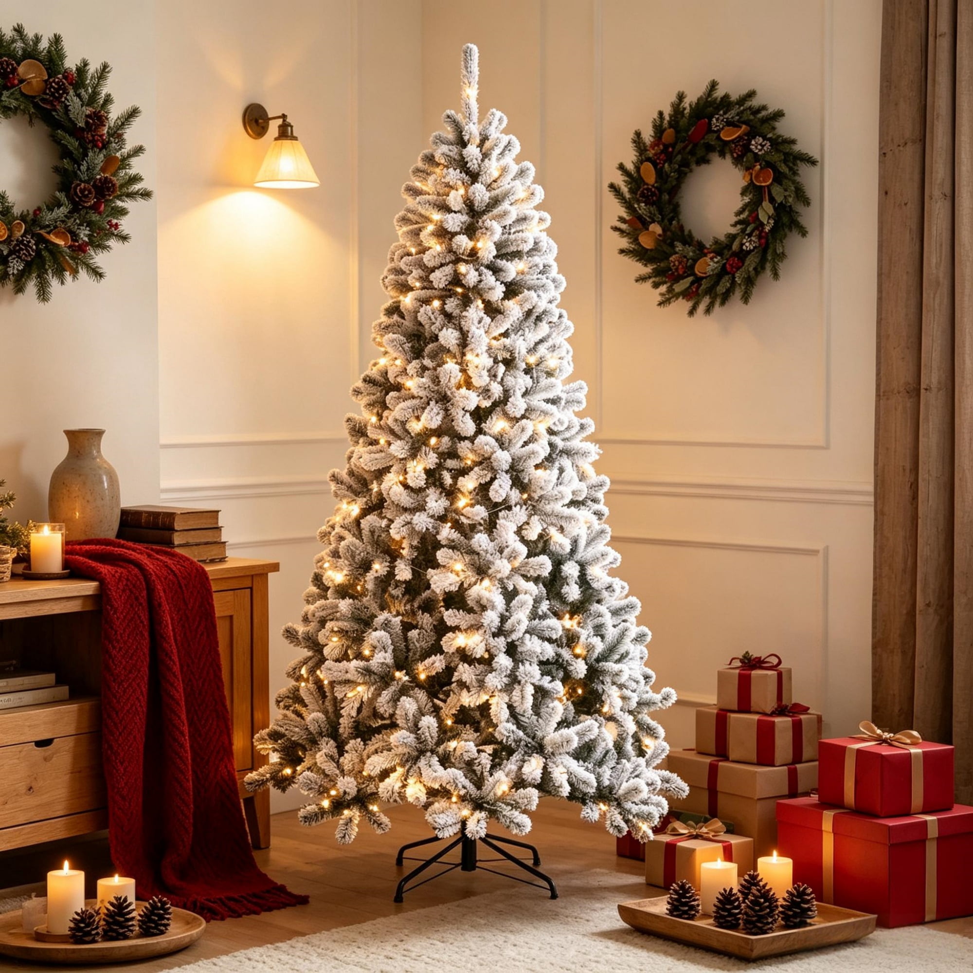 7.5 ft Pre-Lit Flocked Artificial Christmas Tree with 350 Warm White LEDs, 1201 Tips, PVC Foliage and Steel Stand for Indoor Holiday Decor