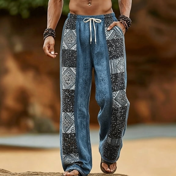 Tsivenald Men's Pants Wide Leg Boho Lounge Trousers Patchwork Ethnic Geometric Pattern Soft Wrinkle Resistant Side Pocket Mens Holiday Pants