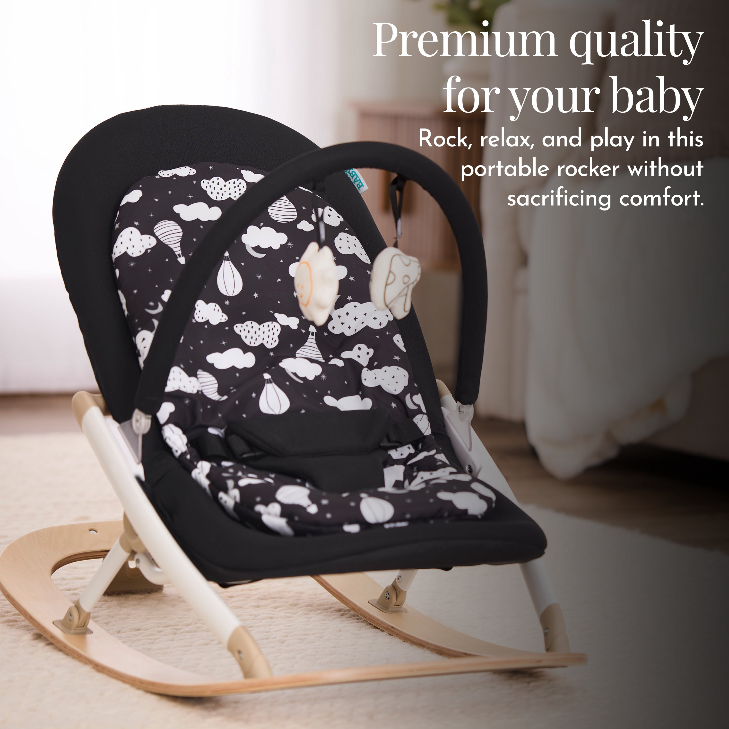 Dream On Me SleekSway Portable Rocker Chair, Black White, Adjustable Baby Bouncer