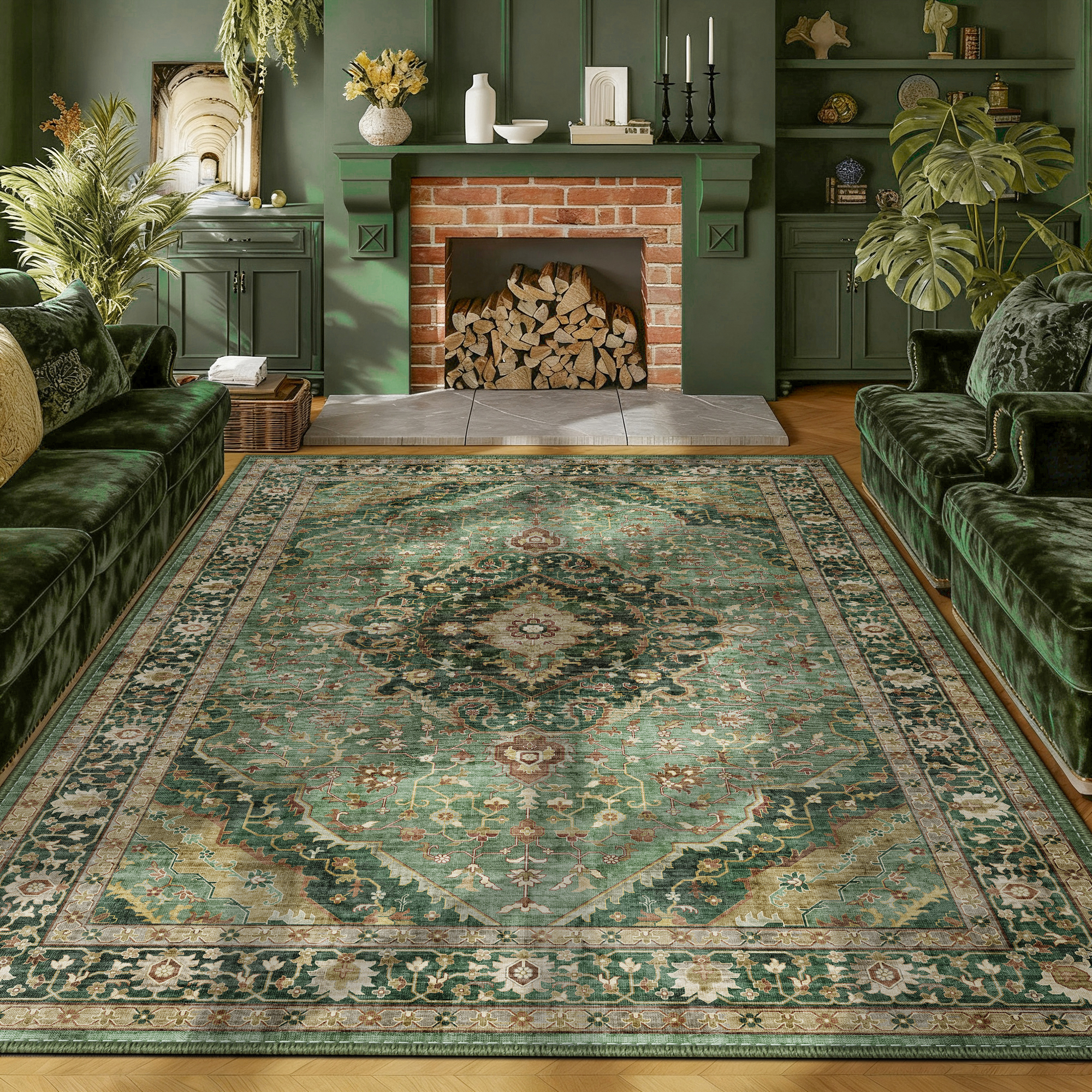 ATHOPE 5x7 Area Rugs for Living Room Bedroom, Washable Soft Rug with Non-Slip Backing, Large Floral Vintage Distress Print Pattern Carpet, Green
