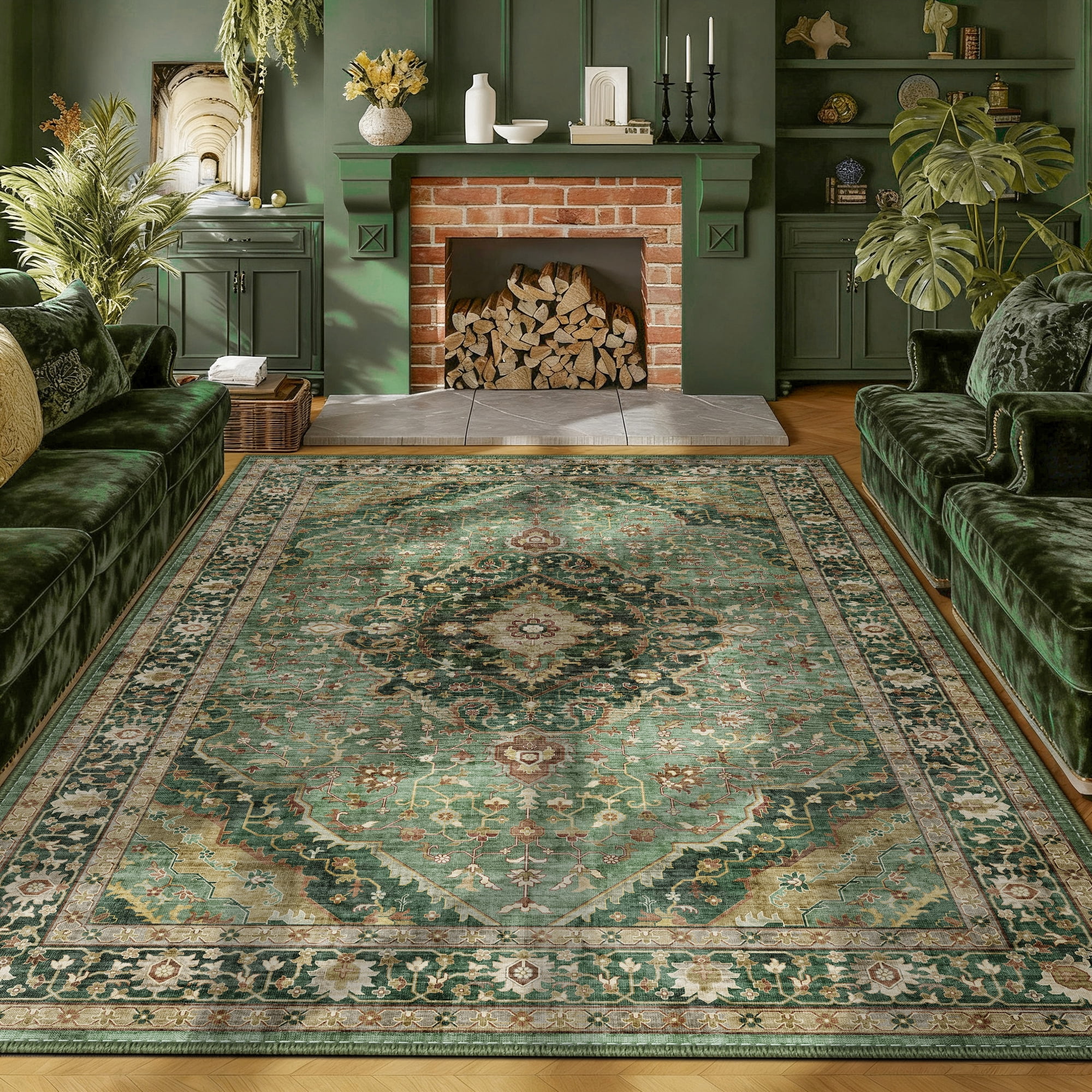 ATHOPE 5x7 Area Rugs for Living Room Bedroom, Washable Soft Rug with Non-Slip Backing, Large Floral Vintage Distress Print Pattern Carpet, Green