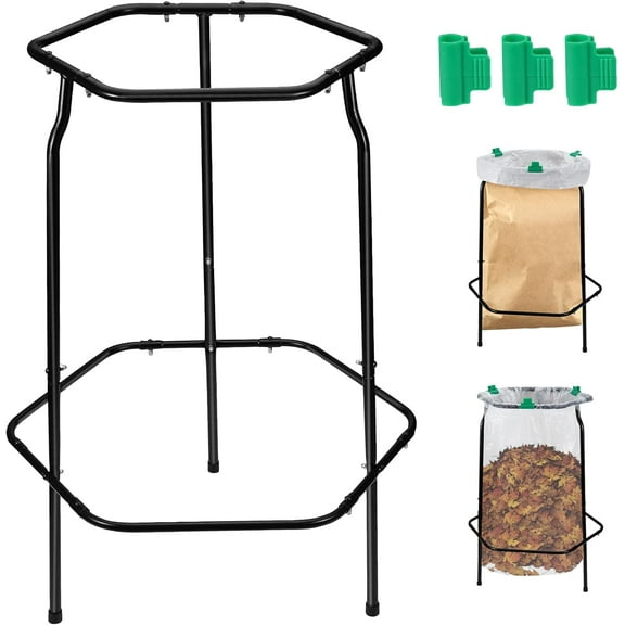 Trash Leaf Bag Holder Stand, Garbage Bag Support Frame for 30-55 Gallon Lawn Bags, for Yard Kitchen Garden Outdoor Camping Waste, with Reusable Bag Clips, Heavy Duty (Black)