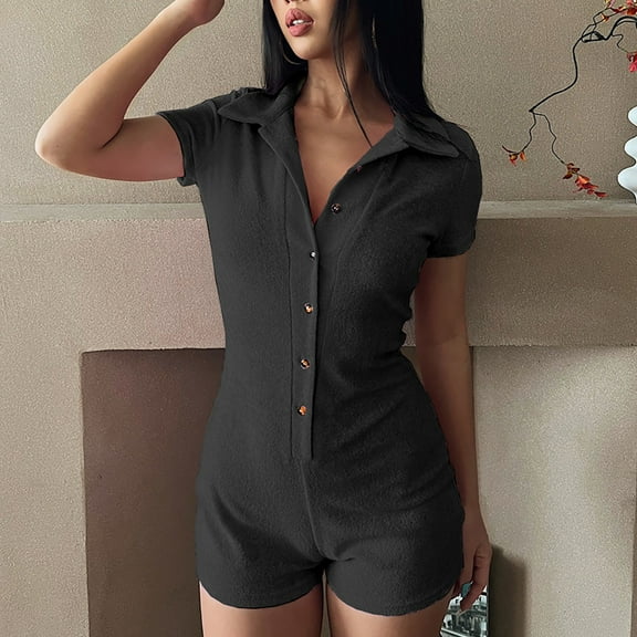 ZAZYULZ Wide Leg Jumpsuit Womens Casual Tight Dress Lapel Button Romper Shorts(Black,S)
