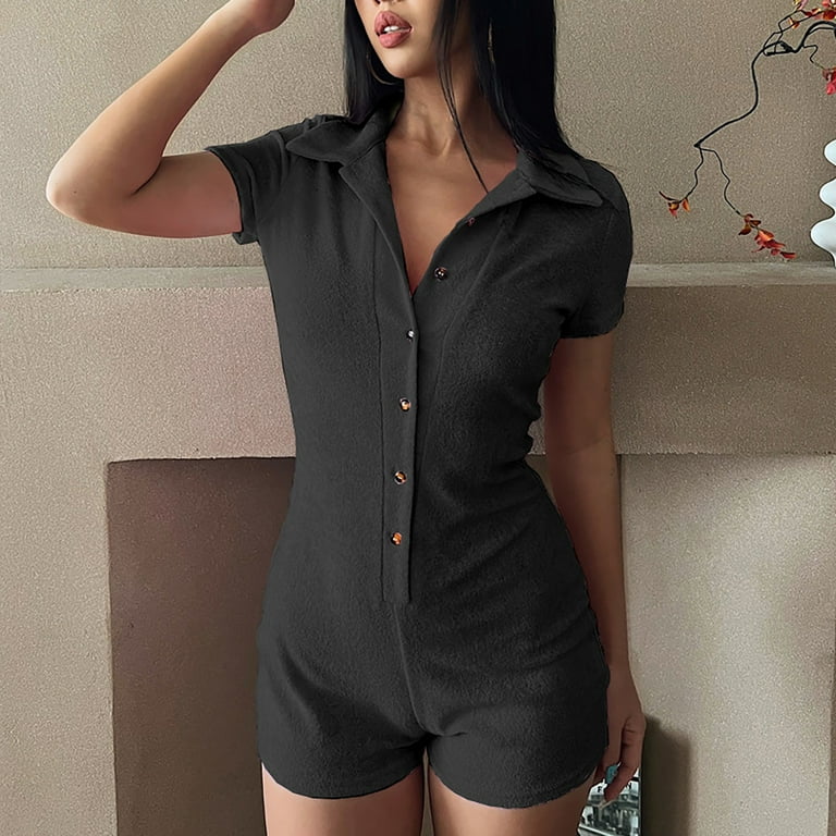 2DXuixsh Rompers Womens Casual Tight Dress Lapel Button 2DXuixsh Rompers Womens Casual Tight Dress Lapel Button